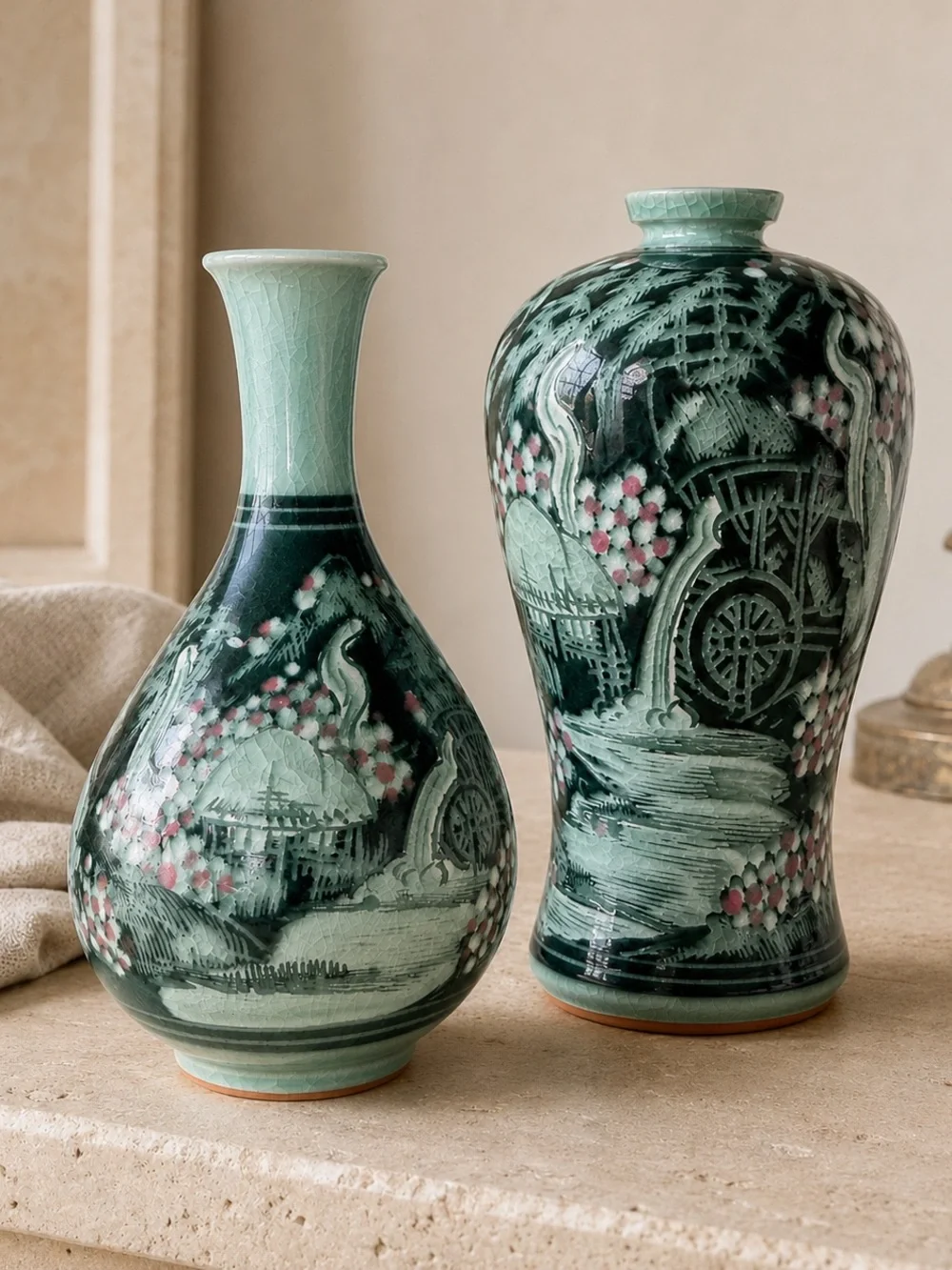 Vintage Korean Haegwang Celadon Sanggam Vase Pair w/ Certificate